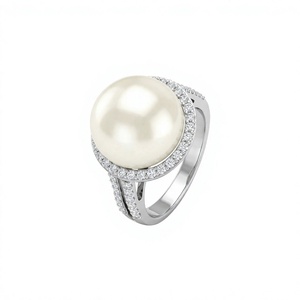 Freshwater Pearl and <b>CZ</b> Bezel Setting <b>Ring</b> in 925 Sterling Silver Rhodium Plated Luxury Jewelry - Product Image 1