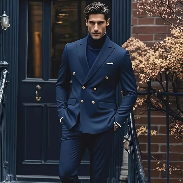 Luxury Men's Double Breasted 2-Piece Business Suit Premium Breathable Zipper Fly Stylish Slim Fit Body Printed