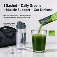 Bubuk Superfood Hijau Whole Food dalam Kemasan Stick, Multivitamin, Pre & Probiotik, Suplemen Pendukung Kesehatan Usus dengan Creatine Monohydrate HMB