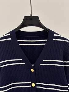 Suéter Cárdigan de Punto de Alta Calidad para Mujer, Manga Larga, Cuello en V, Botones, Rayas, para Primavera y Otoño, Estilo Casual - Product Image 3