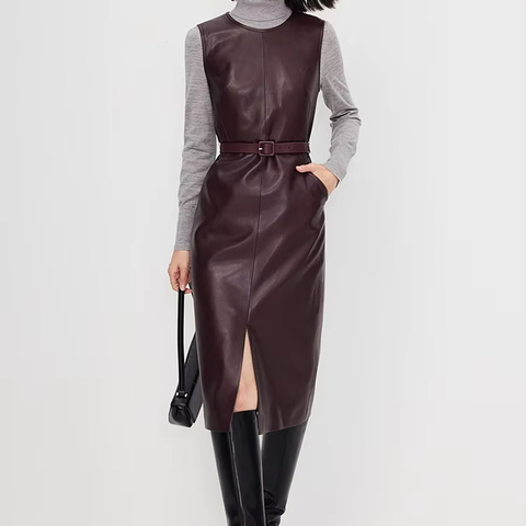 5162 High Quality Elegant Sleeveless Slimming Knee Level Vest Dress Genuine Sheepskin Front Split Dress with Belt for Women