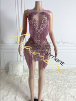 Robe mini sexy Ocstrade à franges argentées et strass, robe de soirée sans manches en maille transparente ornée de diamants, tenue de performance