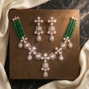 Traditional 925 Silver Elegant Green Beads <b>Necklace</b> Set with Kundan Work Pearl Drop Earring Indian Jewelry for Women Bridal Wear - Product Image 4