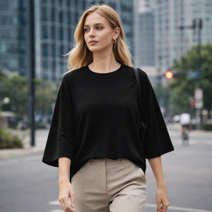 Lässiges Einfarbiges O-Ausschnitt Dreiviertelärmel Locker Sitzendes Atmungsaktives Gestricktes Basic-Oberteil für Damen Frühling T-Shirts - Product Image 2
