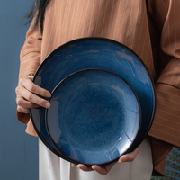 Assiette japonaise écologique en porcelaine, style américain, bleu émaillé, ronde, pour la cuisine, les plats occidentaux, les desserts, les salades, les steaks.