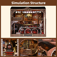 DIY Station de réparation de trains en bois, modèle de maison de type chalet, avec train mobile, à assembler artisanallement, serre-livres, ornement, bloc de construction, cadeau pour tous les âges