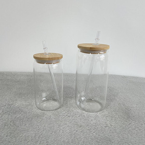 Entrepôt USA Canettes de bière en verre avec couvercle en bambou et paille Canette de soda à sublimation pour eau, vin, bière, cocktails et boissons mélangées - Product Image 2