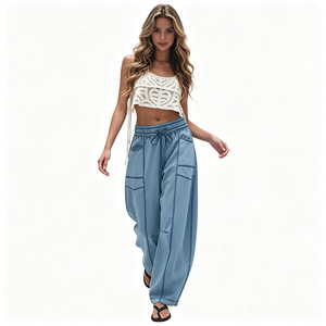 Pantaloni Cargo da <span class=keywords><strong>Donna</strong></span> Personalizzati Best-Seller, Larghi a Gamba Larga con Cuciture a Contrasto, Casual Estivi con Coulisse in Vita, per Uso Quotidiano - Product Image 4
