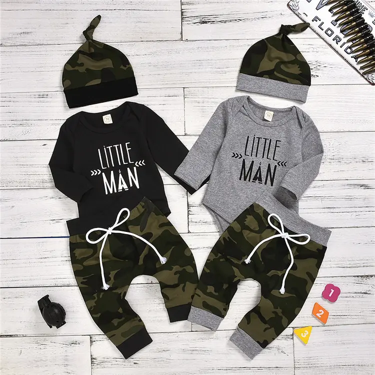 Ropa de algodón para recién nacidos, Pelele de manga larga con letras + Pantalones de camuflaje + sombrero, conjunto de ropa para bebés, 3 uds.