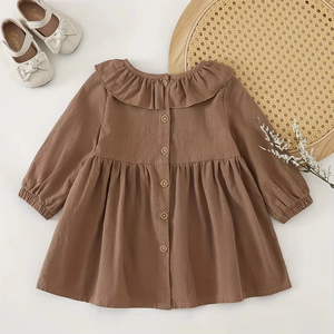 Vestido Casual de Otoño para Bebés y Niñas Pequeñas, Diseño Sólido con Encaje, Corte en A, Largo hasta la Rodilla - Product Image 1