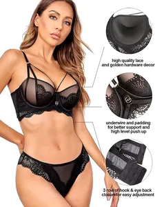 Nouvel ensemble de lingerie sexy pour femme avec soutien-gorge push-up en dentelle à bonnets ajustables et culotte - Product Image 6