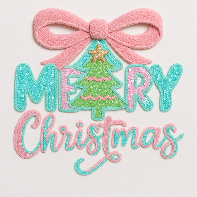 ISO9001 & BSCI Custom Bow Large Sequin Glitter Iron on Merry Christmas Sequin Chenille Patch for Clothes Hoodie