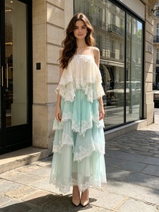 Vestido Maxi Vintage de Verano con Corte en A, Cuello en V, Cintura Natural, Dobladillo con Volantes, Satén Tejido Transpirable, Sin Mangas, para Bodas - Product Image 1