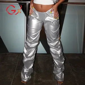 GX6184 yeni gelenler moda rahat katı kat Pu deri pantolon benzersiz kadınlar düşük bel pantolon