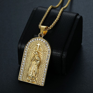 yunnique Stainless Steel Gold Plated Diamond Stud Pendant Necklace With Virgin Mary Design Unisex Gift Jewelry - Product Image 2