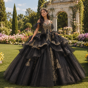 Robe de Quinceañera élégante noire Dy1345 avec appliques de sequins dorés, corset perlé, robe de bal en tulle, robe de princesse pour soirée de bal Jancember - Product Image 1