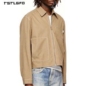Custom Plus Size Lightweight <b>Utility</b> <b>Jacket</b> Khaki Contrast Stitch Three Patch Pockets Hem Drawstring Relaxed Fit <b>Jacket</b> - Product Image 1