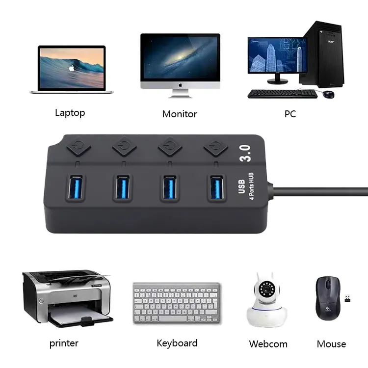 USB Hub 3.0 4 Ports Multi Splitter Multiple USB Expander Power Adapter With On/Off Switch LED Indicator For MacBook Laptop PC