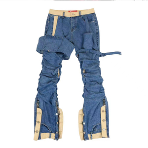 DiZNEW özel Denim mavi kot erkek şık pantolon Hip Hop pantolon kıvrımlar yığılmış pantolon - Product Image 3