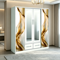 Armoire métallique à 4 portes coulissantes avec miroir, design populaire imprimé, pour vêtements de chambre à coucher