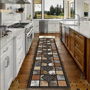 พรมครัวกันลื่นโพลีเอสเตอร์ทันสมัยหรูหรา ลายพิมพ์นามธรรมสีขาว เบจ น้ำตาล - Product Image 2