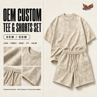 Ensemble 2 pièces tricoté respirant vintage pour l'été, personnalisable OEM, comprenant un T-shirt oversize à col rond effet délavé et un short à cordon de serrage