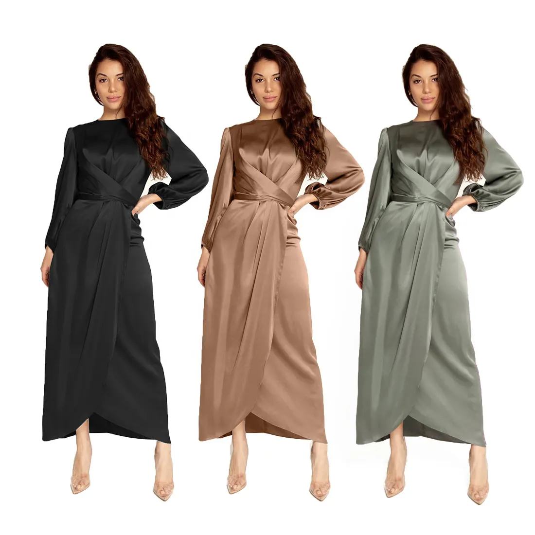 NEW arrival Muslim Sexy Autumn Casual Solid Color Plus Size O-Neck Long Sleeve Satin Silk Elegant Women Dress