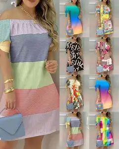 Kadınlar için açık omuzlu Mini elbise yaz seksi kısa kollu papyon çizgili çiçek baskı elbiseler moda rahat gevşek elbise