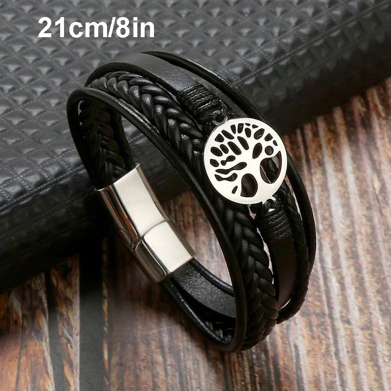 Bracelet arbre de vie tressé en corde de cuir multicouche -21cm