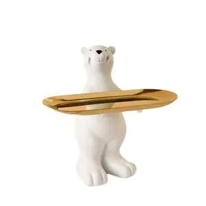 수지 북극곰 조각 금속 트레이 입상 장식 서 동상 사탕 보석 작은 홈 장식 트레이