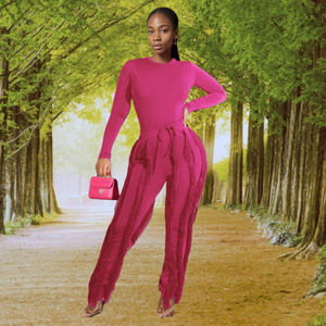 ชุดกางเกง2ชิ้นแต่งพู่แขนยาวลำลองสำหรับผู้หญิงชุดแฟชั่น - Product Image 5