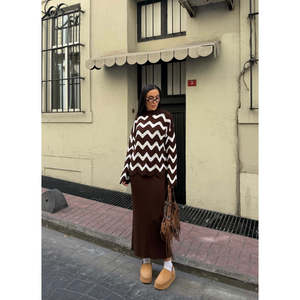 DEFILE Women's Navy Blue Zigzag Patterned Acrylic Knit <b>Sweater</b> and Dress Two-Piece <b>Set</b> for Autumn Winter Casual Wear - Product Image 2