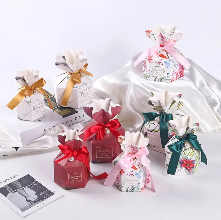 Sechseckige mehrfarbige Vasen form Design Kleine Süßigkeiten Lagerung Hochzeit begünstigt Geschenk box mit Band
