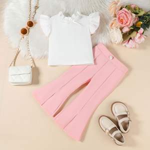 Tenues d'été pour filles de 90 à 130 cm, t-shirt à manches volantées, couleur unie, pantalon évasé à fente, ensemble deux pièces, vêtements en gros pour enfants - Product Image 6