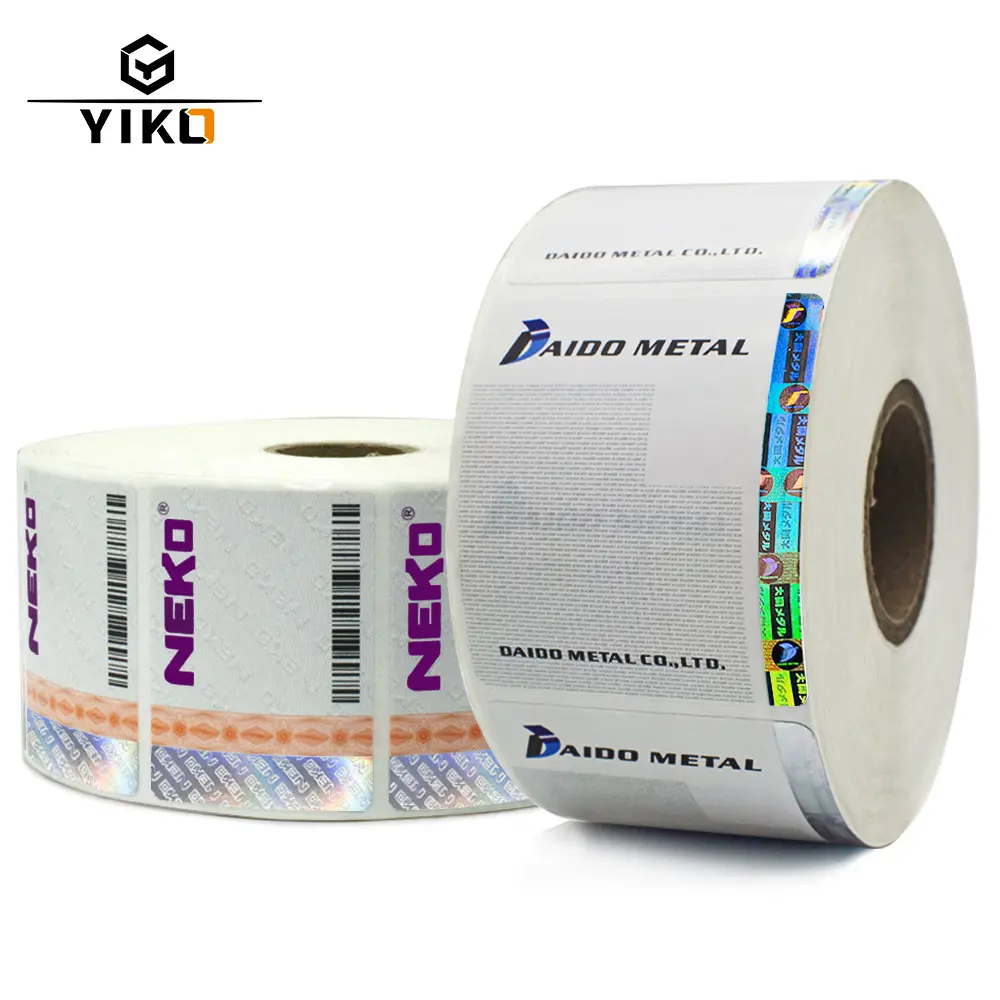 Yiko China Lieferant Holo graphische Streifen etiketten CMYK-Druck Klebstoff Sicherheits aufkleber Sparkle für den Authentifizierungs folien druck