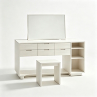 Ensemble coiffeuse moderne et écologique avec miroir inclinable, 4 tiroirs et étagère de rangement à panneaux, tabouret de coiffeuse pour chambre à coucher
