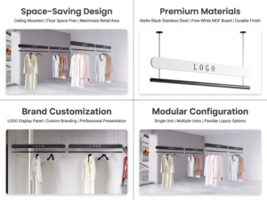 Industrial Style <strong>Black</strong> Iron <strong>Clothing</strong> Display Fixture with Ceiling Hanging <strong>Rail</strong> for Boutique Fashion Retail Store Interior Design - Product Image 6
