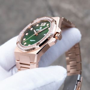 OBLVLO Luxury Fashion Mens Rose Gold Round Diamonds Bezel Quartz 40mm Green Dial Date Display Bracelet <strong>Retro</strong> <strong>Clock</strong> AW - Product Image 3