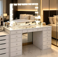 Table de maquillage Voxhome avec miroir éclairé, plusieurs tiroirs, plateau en verre, table de toilette pour chambre à coucher, salon, meubles