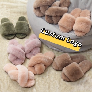 Women's Fashion Soft Indoor Home Fluffy Fuzzy Sheep Skin Real Wool Fur Cross Sheepskin Open Toe Fur Slides Slippers Factory