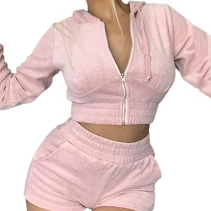 Conjunto de 2 piezas con cremallera de terciopelo para <span class=keywords><strong>mujer</strong></span>, Top corto con capucha y pantalones cortos, conjunto ajustado para correr de primavera y verano - Product Image 1