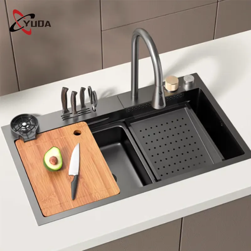 Black Nano Single Bowl Moderne Edelstahl-Küchen spülen Smart Waterfall Multifunktions-Küchen spüle