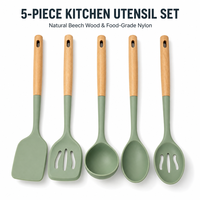 Ensemble de 5 ustensiles de cuisine en nylon avec manche en bois de hêtre, spatule, écumoire, cuillère pour ustensiles de cuisson antiadhésifs