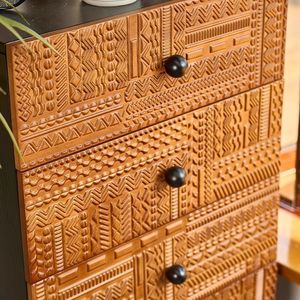 Vintage Five Drawer <b>Chest</b> Wooden <b>Storage</b> Cabinet With Carved Pattern Bedroom Dresser Living Room Side Cabinet Large Capacity - Product Image 4
