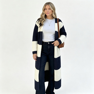 Quality Black White Striped <strong>Longline</strong> Cardigan for Daily Travel for Office Wear Trendy Open Front Knitted Outwear <strong>Jumper</strong> - Product Image 1