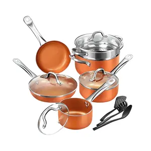 Copper Pan 10-Piece Wok, Set Copper-Colored Non-Stick Double Bottom Pan Set Stretch Pan Cookware Sets/