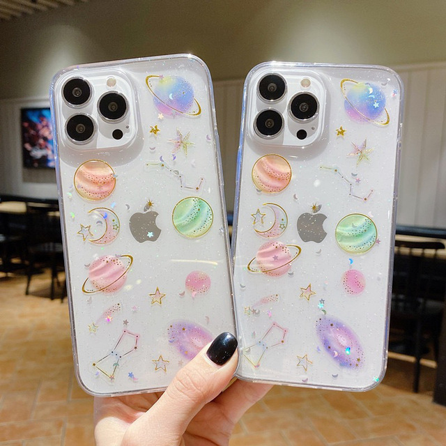 Creative Transparent Glitter Starry Phone Case for 17 Pro Max Planet Design Custom Wholesale Korean Women iPhone Cover for 16