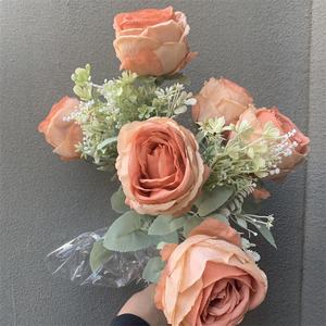 Bouquet de café en soie avec 9 têtes de roses artificielles pour décoration de mariage, vente en gros, L-345 - Product Image 4