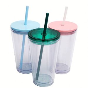Custom Logo <b>Reusable</b> 16oz Clear Plastic Tumbler <b>Cup</b> with Straw Lid for Party Travel Office Events - Product Image 3