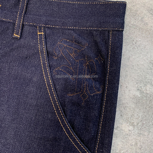 Custom Quality Cotton Pants Embroidery Logo Heavyweight 15 OZ Wide Leg Straight Light Wash Raw Selvedge <strong>Denim</strong> <strong>Jeans</strong> for Men - Product Image 5